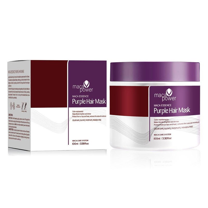 100ml Maca Energy Professional Purple Hair Mask neutralizes brassy and yellow tones, creating striking silver-grey blonde hair.